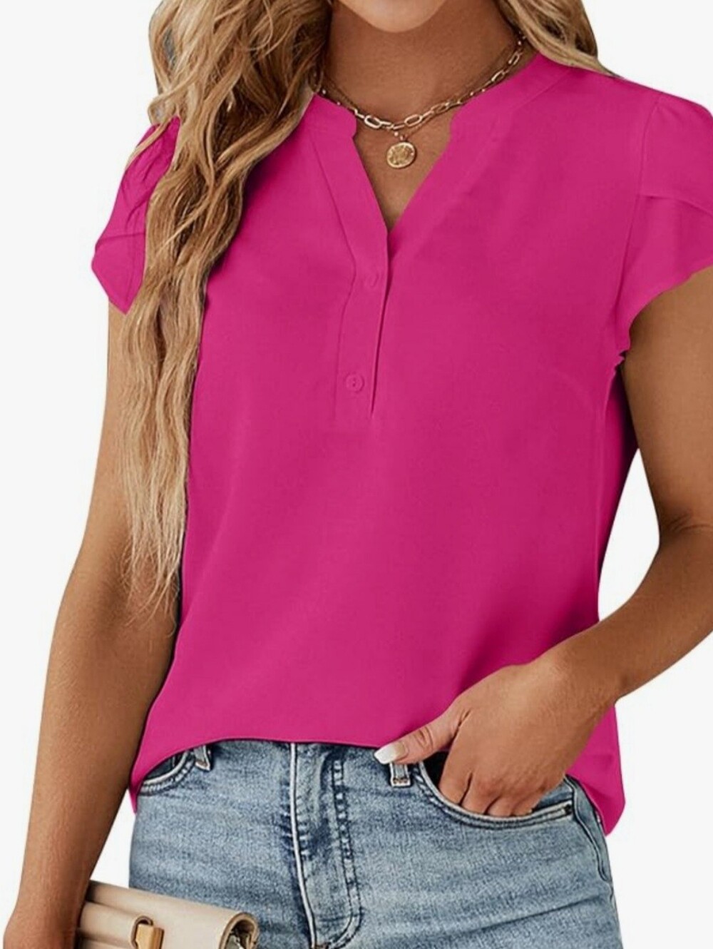 NWT Blooming Jelly Hot Pink Split V-Neck Tulip-Sleeve Textured Blouse - Size M
